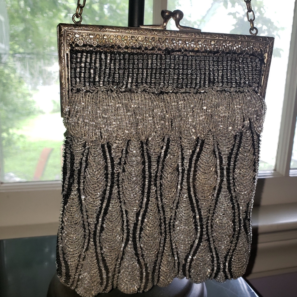 Early 1900s Antique Swag Beaded Evening Bag Crystal Clear & Black Glass Beads